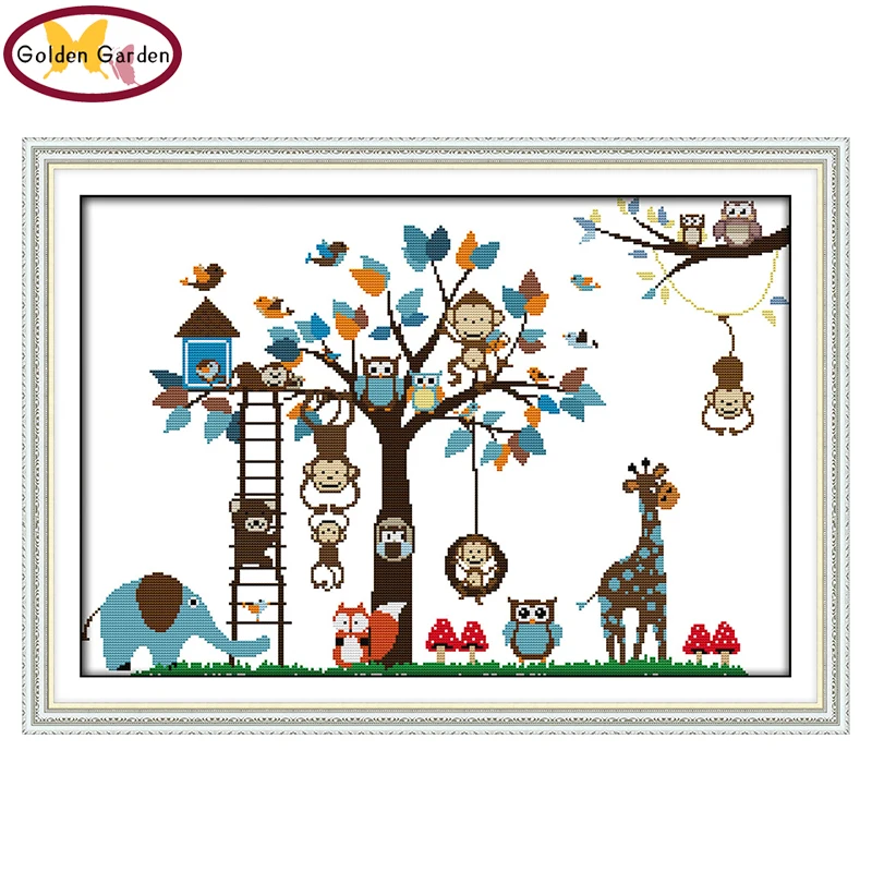 

GG Happy Zoo Cross Stitch Patterns Joy Sunday Cotton Fabric 11CT 14CT DIY Handcraft Embroidery Sets Cross Stitch Kits for Kids