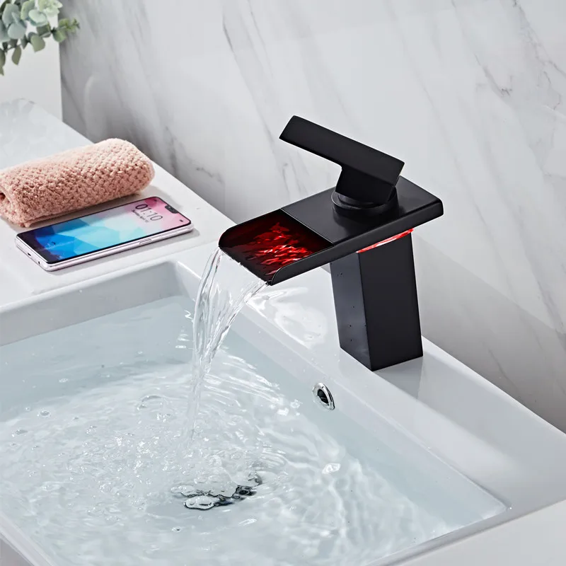 Matte black led faucet waterfall pure basin tap hot and cold mixer luxury eu style | Обустройство дома