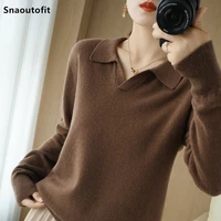 autumn winter new polo collar cashmere womens pullover sweater long sleeved large size loose pure wool sweater bottoming shirt