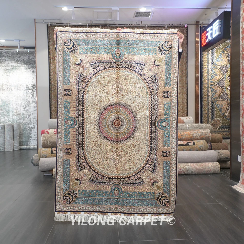 

Yilong 4'x6' Tabriz Silk Carpet Blue Handmade Exquisite Hand Knotted Persian Silk Rug (ZQG551A)
