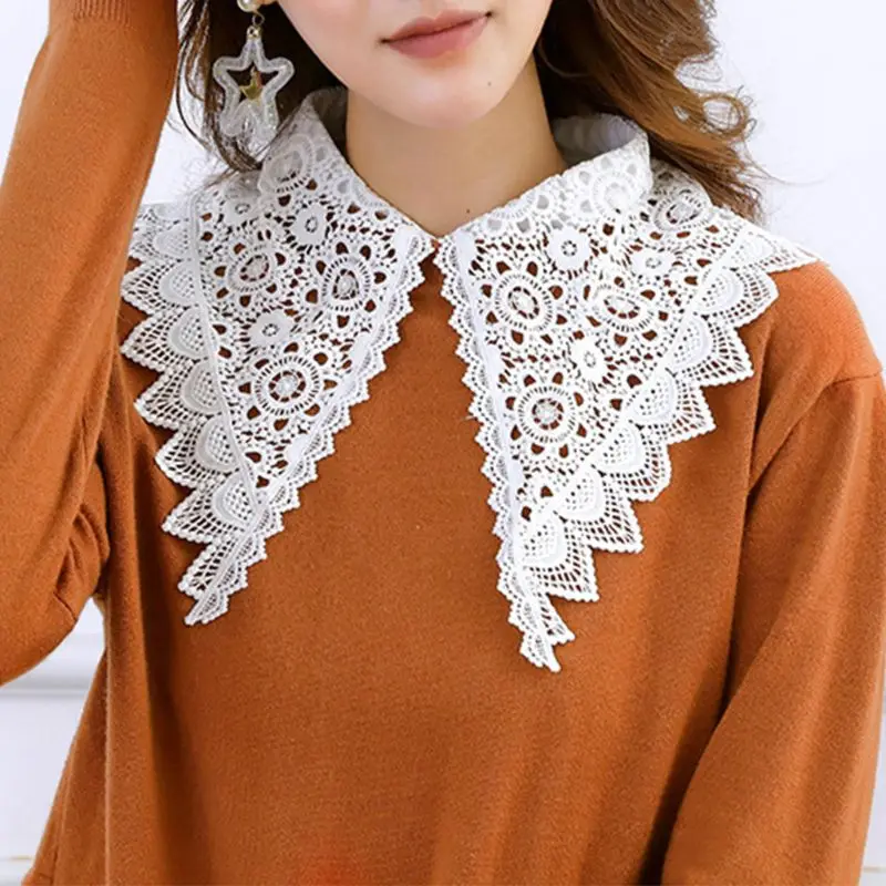 

Korean Women Hollow Floral Lace Fake Collar Detachable Buttons Large Pointed Lapel Half Shirt Blouse Dress Decorative Accessory