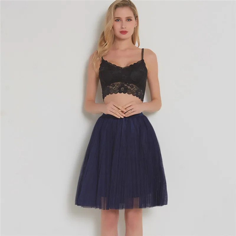 navy blue Тюлевая юбка s Женская s миди плиссированная юбка черная розовая Тюлевая юбка женская Весна Лето Корейская эластичная высокая талия сетчатая юбка-пачка - Цвет: navy blue