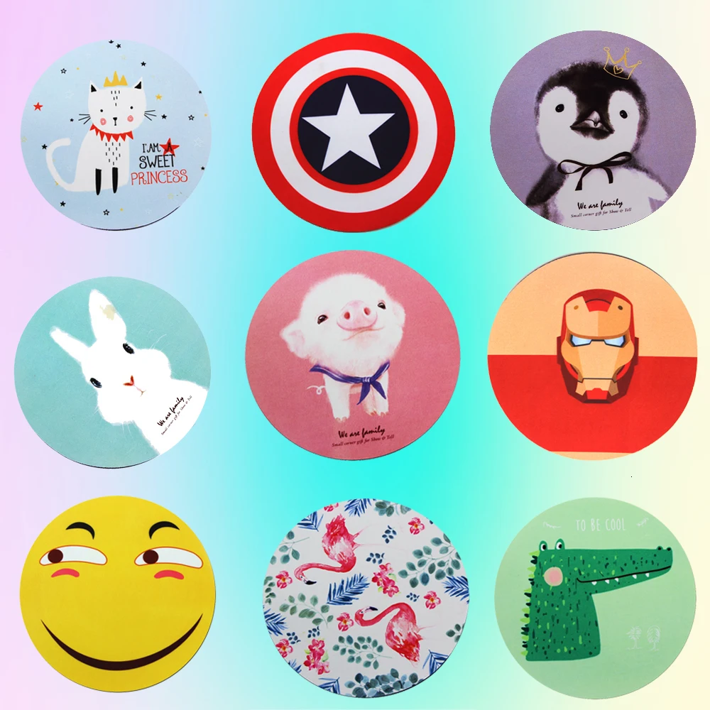 Round Shaped Gaming Mouse Pad Mat For Office Iron Man Captain America Cute Pig Cat Rabbit Penguin Flamingo Smiley Face Mouse Pad