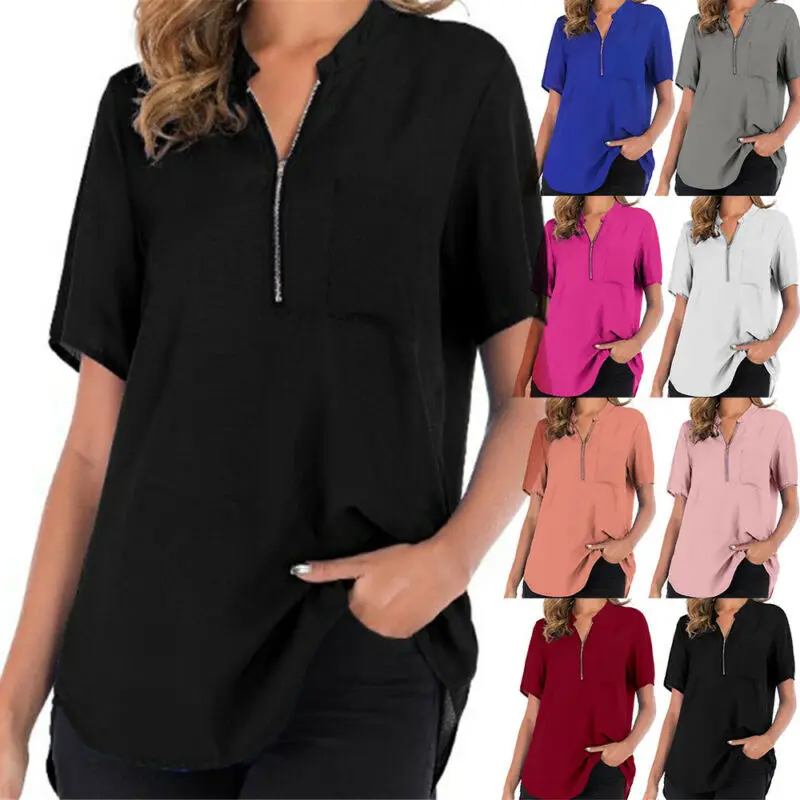 

V Neck Shirts for Women Blouse Top Solid Short Sleeve Zipper Loose Summer Casual Blousa Women Tops