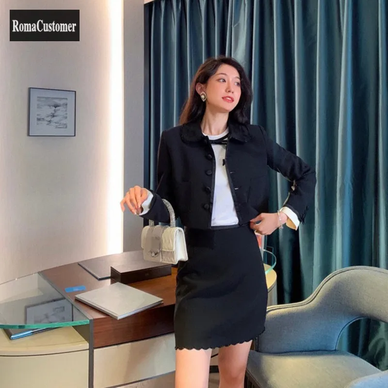 

2022 Autumn Womens New Elegant Black Long Sleeve Short Jackets Fashion Casual Skirt Sets Office Lady Korean Two-Piece Suit