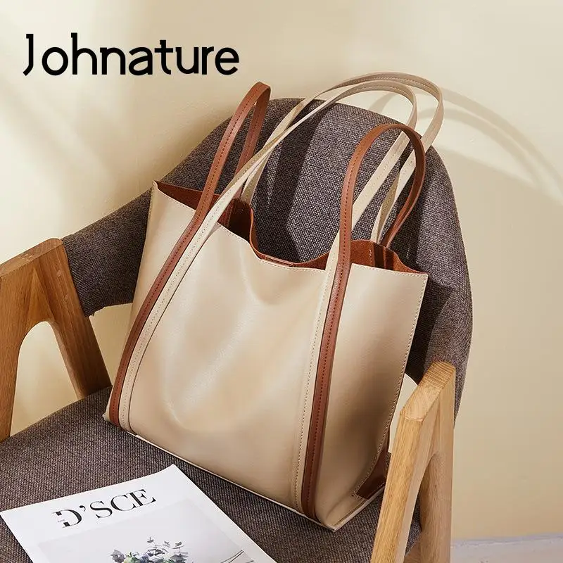 Johnature Fashion Commuter Women Tote Bag Double Sided Color Matching Leather Large Capacity Simple Portable Shoulder Bags