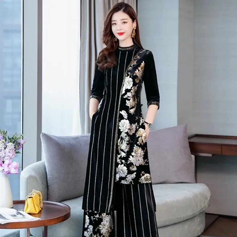 

Top Quality Women Elegant Spring Velvet Floral Print Two Piece Sets Pullover Long T-Shirts Elastic Waist Wide Leg Pant Plus Size