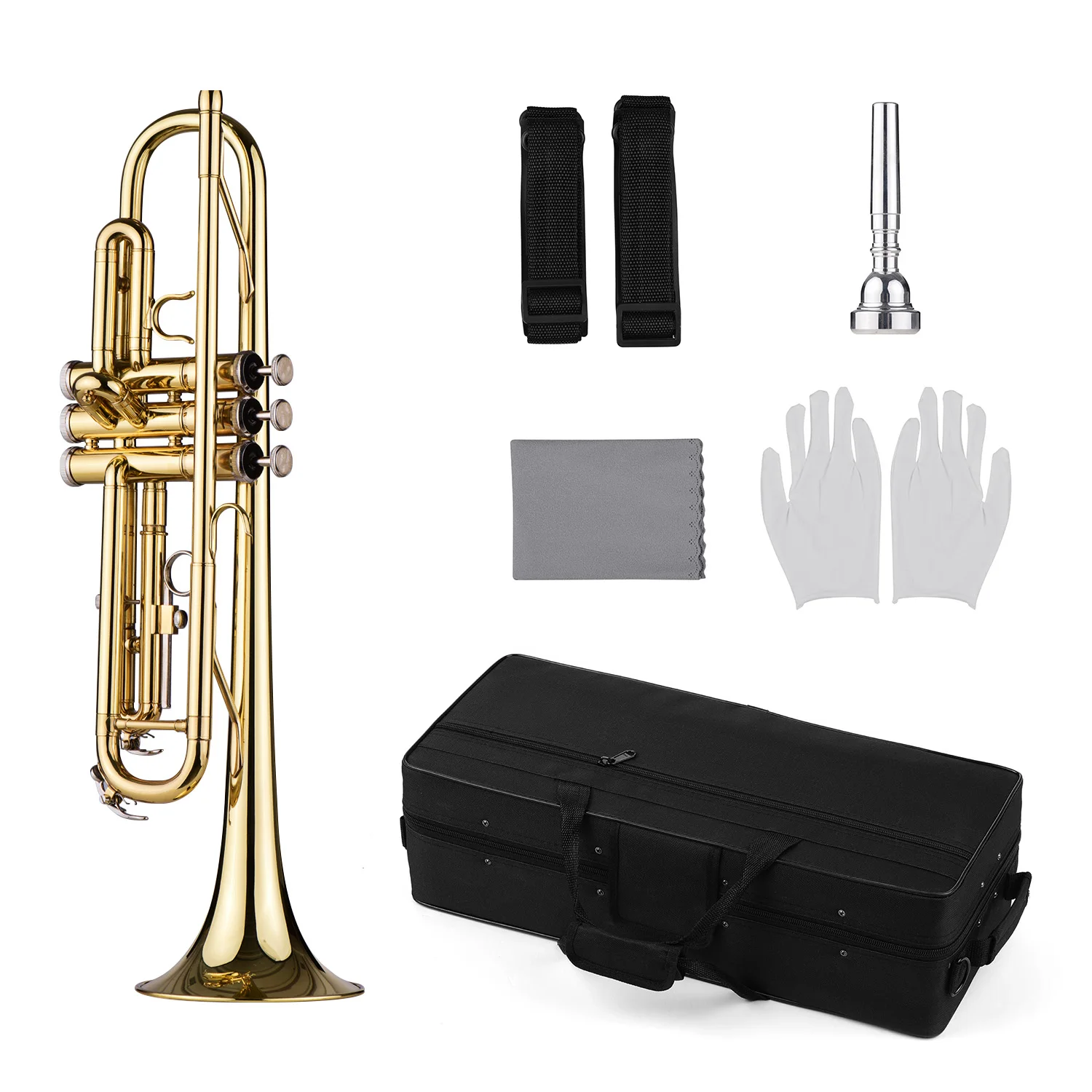 

Muslady TR-100 B flat Standard Student Trumpet Bb Key Brass Gold Lacquer Trumpet with Hard Case Straps 7C Mouthpiece Gloves