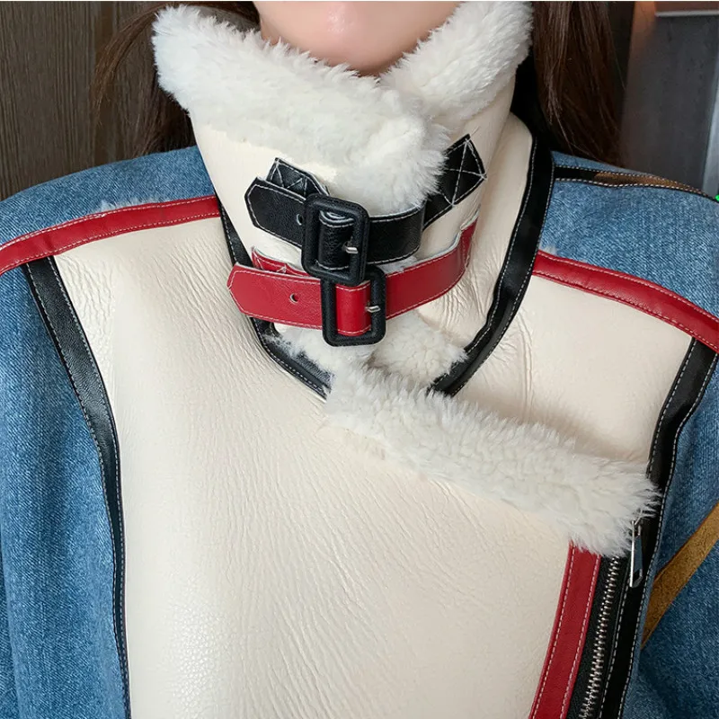

Winter Korean style retro jacket wild stitching lamb hair high collar plush long-sleeved cotton-padded jacket female tide