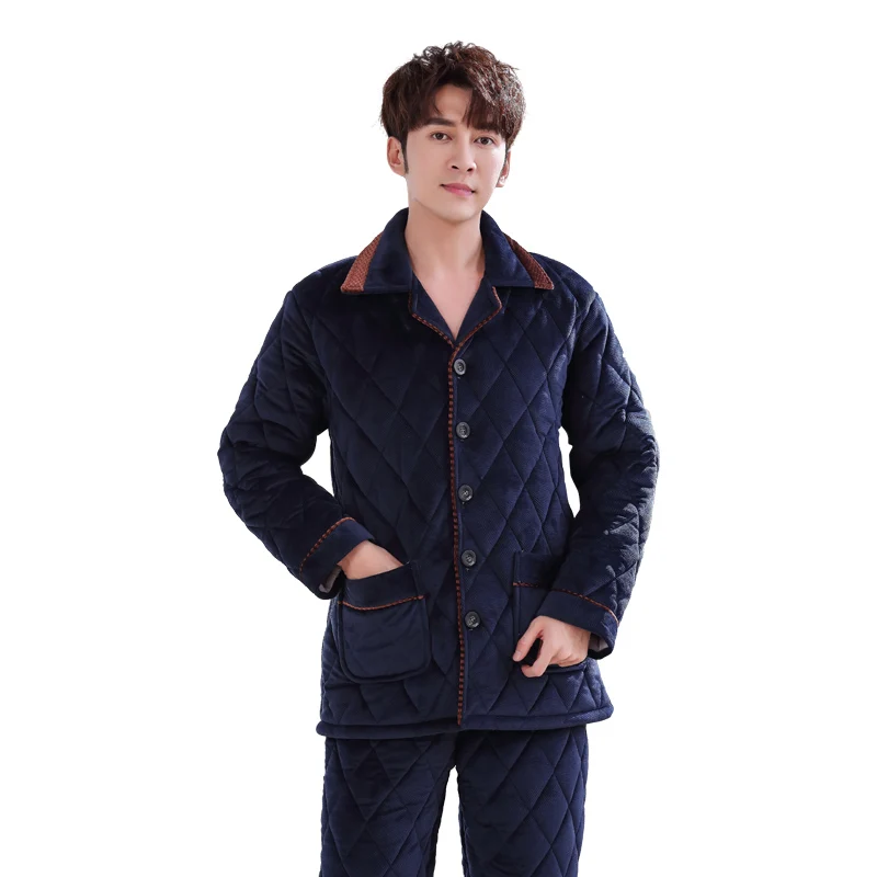Winter Pajamas For Men Thick Three-layers Quilted Sleepwear Suit 2 Pcs/set Pyjamas Homme Warm Casual Home Clothing Pijama Hombre