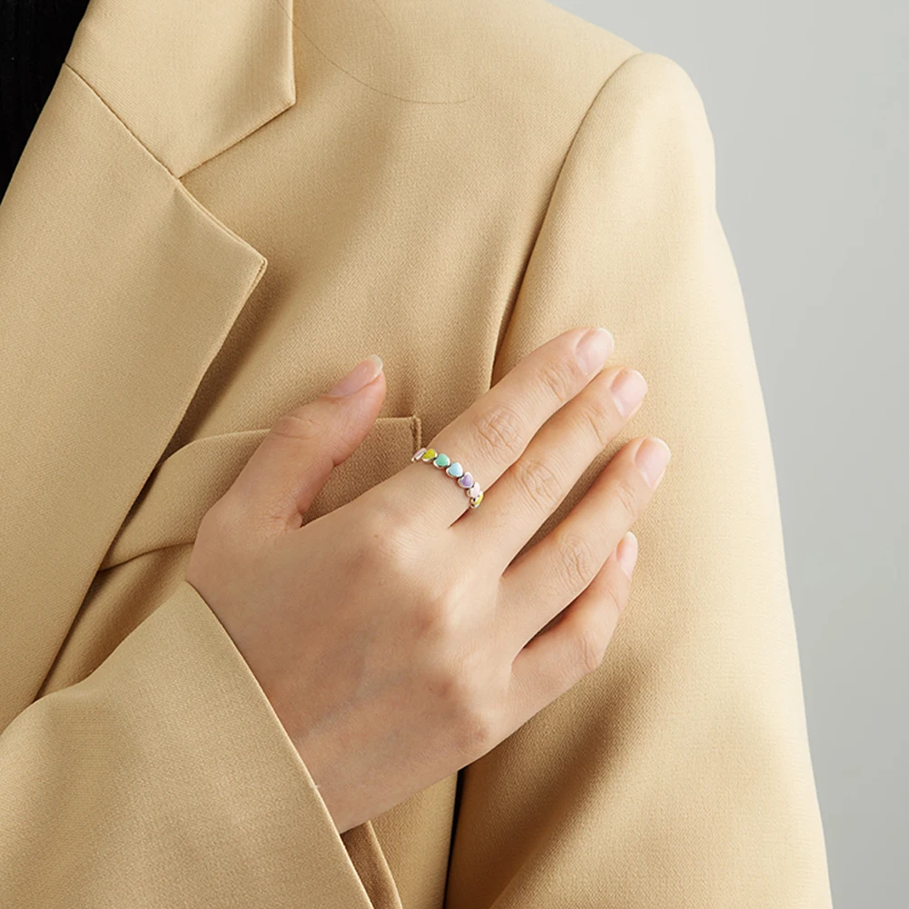 

Yaonuan Trendy 2021 Fine Jewelry For Women S925 Sterling Silver Modern Style Dripping Oil Colorful Heart Finger Ring Party Gift