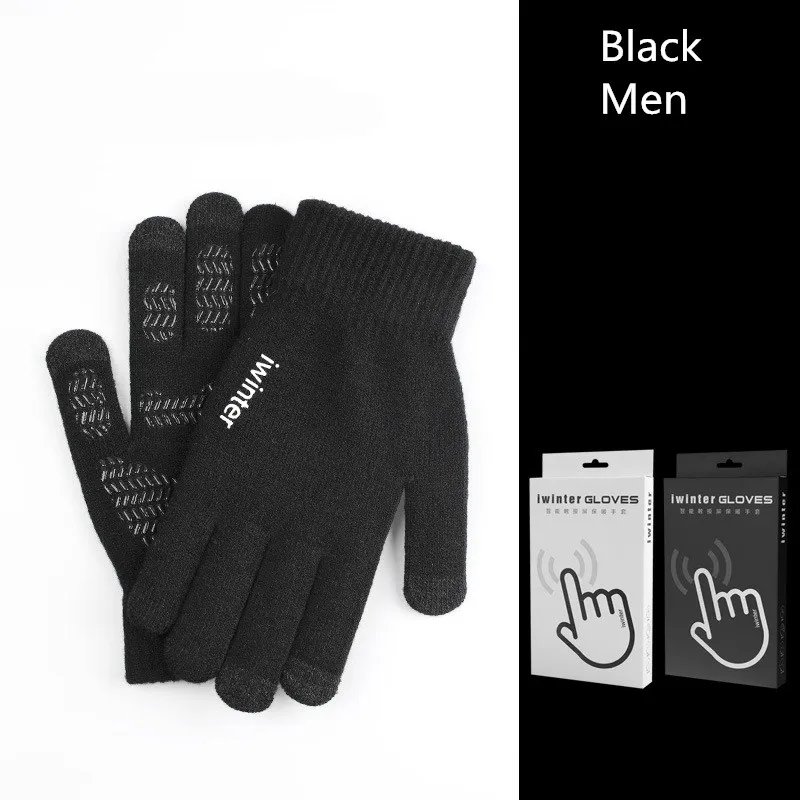 Black Men Fashion Touch Screen Gloves Men Women Winter Warm Knitting Mittens Anti Slip Thicken Full Finger Guantes - Цвет: Black Men