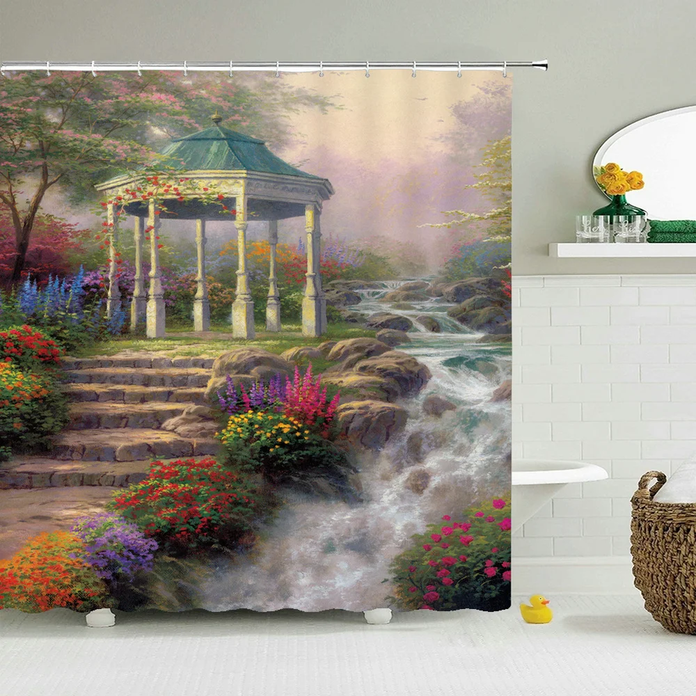 

Garden Flowers Rural Scenery Bathroom Curtain Shower Curtains Decoration Waterproof Fabric Bath Curtain Door Bathing Screens