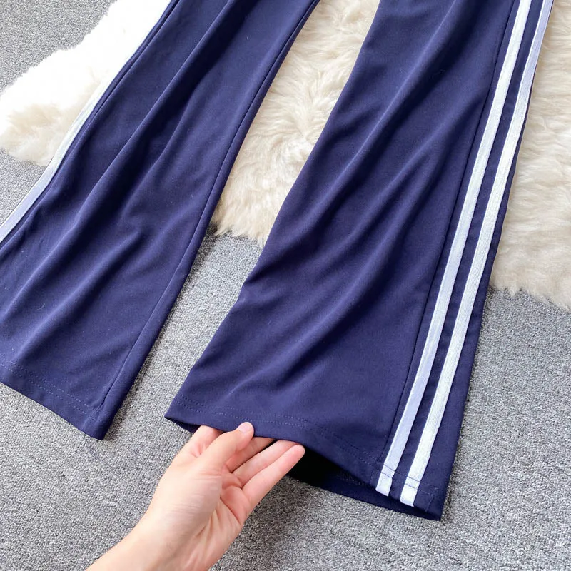 

Women Pants 2021 New High Elastic Waist Striped Long Trousers Casual Streetwear 2021 Summer Work Out Sportswear Slacks Pants