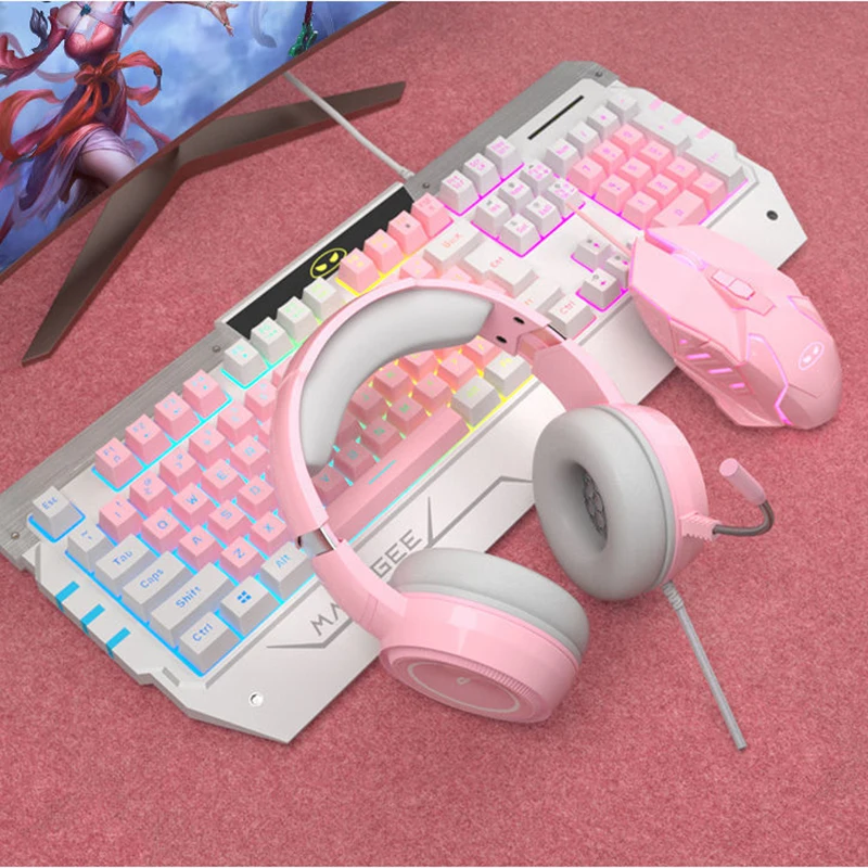 Pink Mechanical Keyboard Mouse Earphone PC Gamer Girls Keyboards Kit Gaming Wired Keycaps Set Keyboards and Mouses Home Office