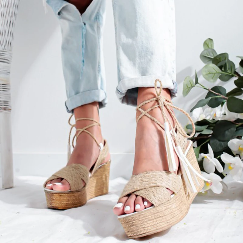 

Summer Women sandals Wedges hemp buckle strap Casual Beach Platform Ladies Shoes Height Increasing Chunky Zapatos De Mujer