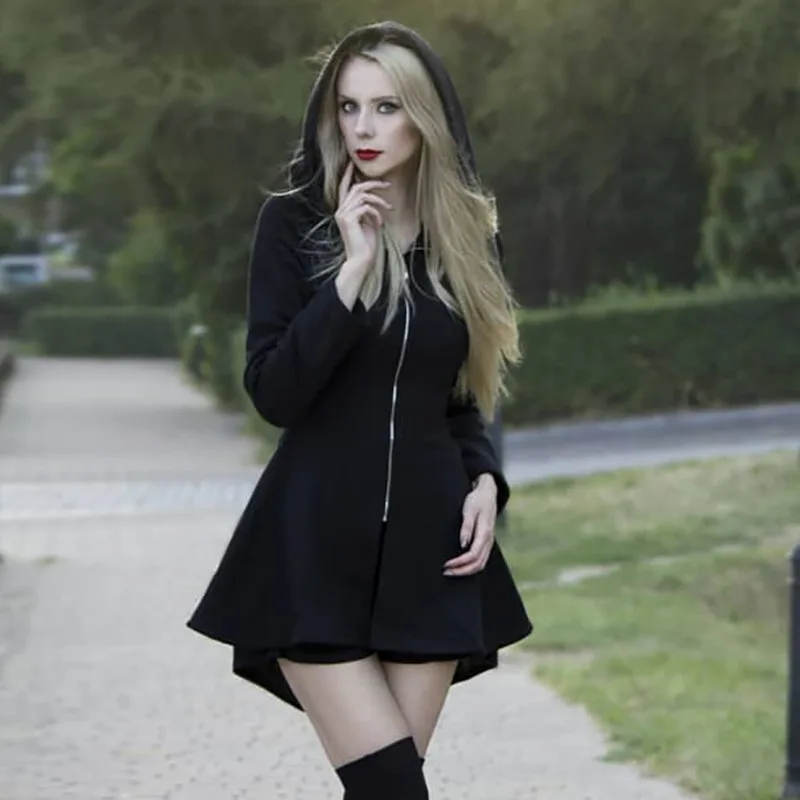 Осенне зимнее женское готическое Черное мини платье Ruibbit на молнии с капюшоном в