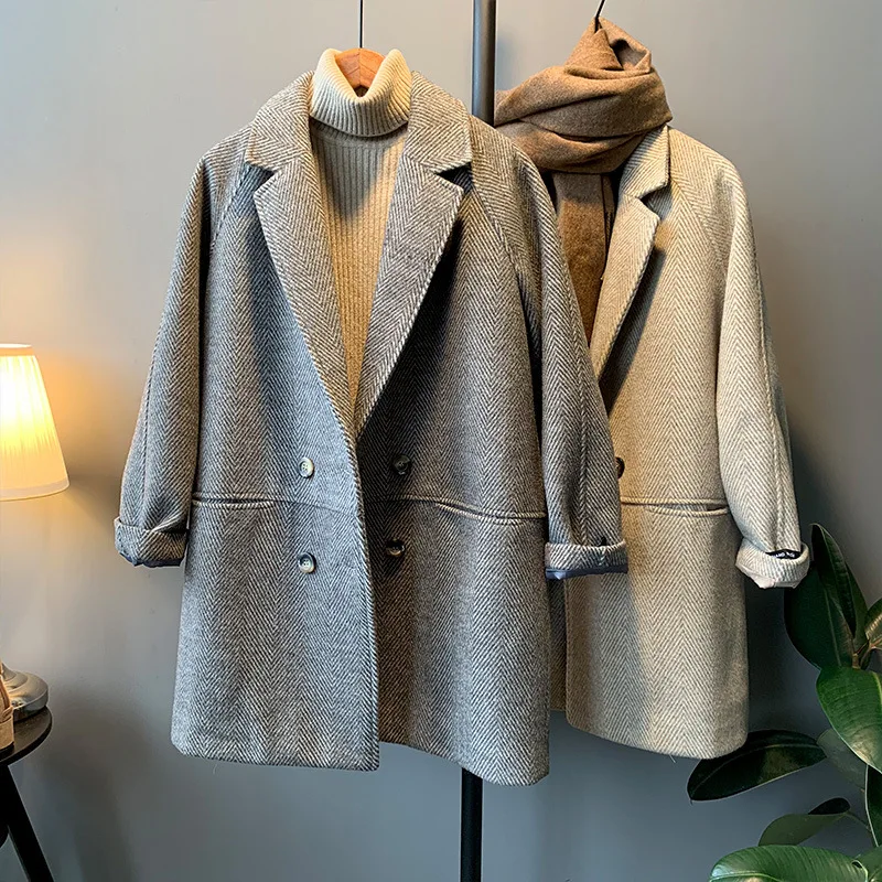 

Women's Long Button Wool Khaki Plaid Coat Autumn and Winter Jacket Female