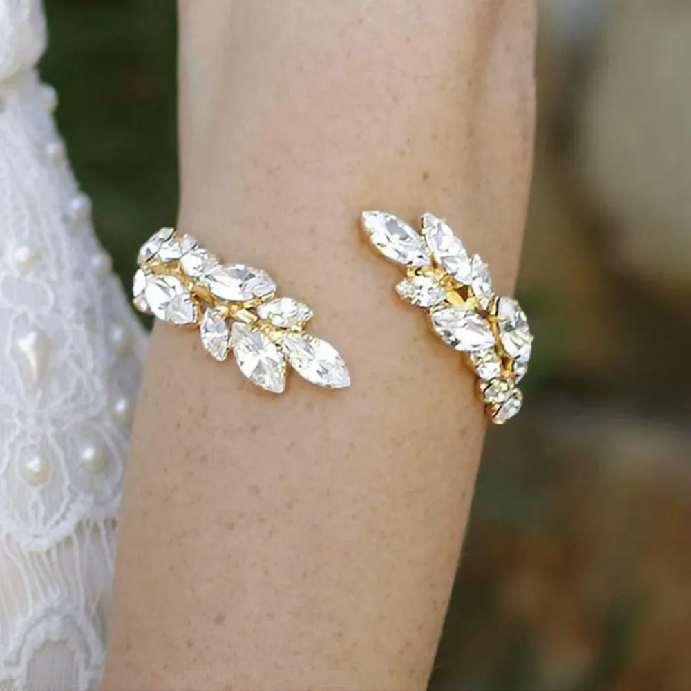 

Gorgeous Rhinestone Bridal Open Leaf Bracelet Arm Ring Wedding Jewelry for Women Elegant Crystal Upper Arm Cuff Body Bangles