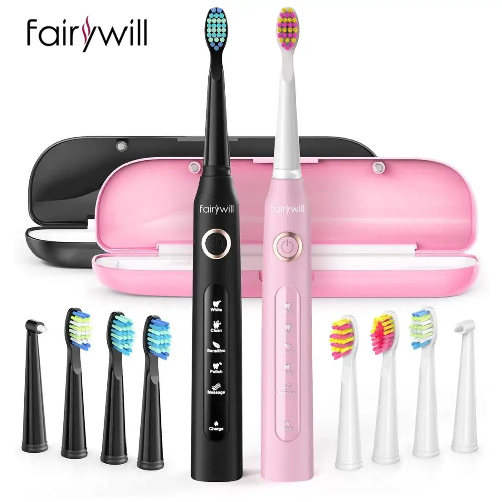

Fairywill Electric Sonic Toothbrush Adult Waterproof USB Rechargeable 5 Mode Travel Toothbrush with 10 Replacement Heads Set