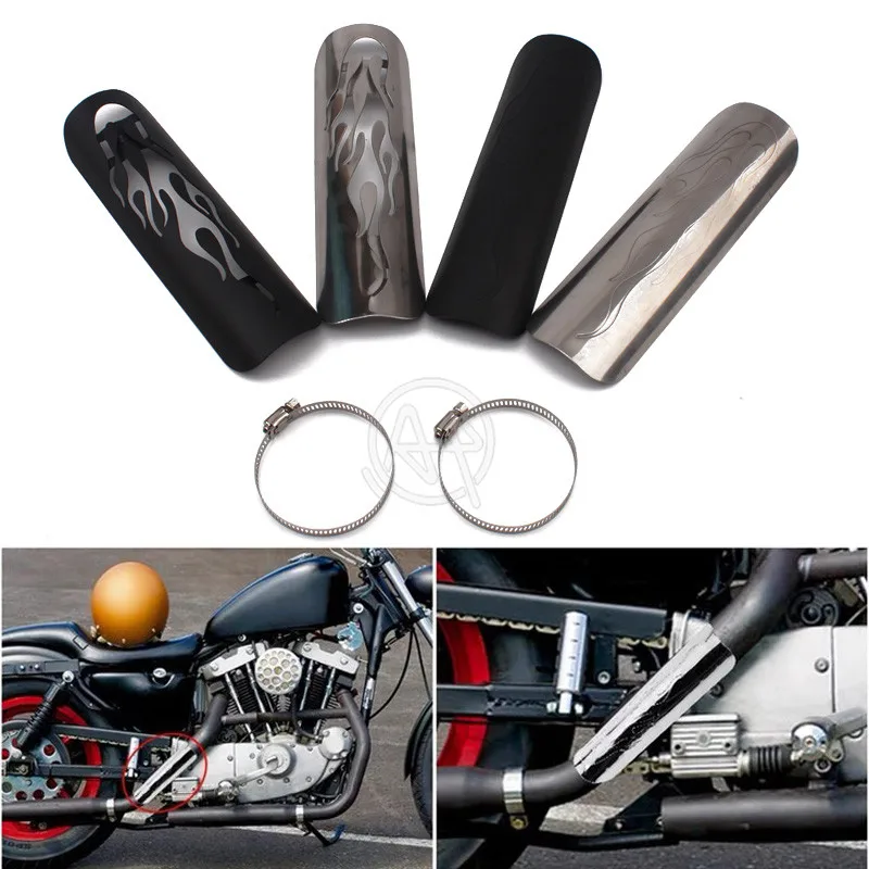 22.8cm Motorcycle Flame Style Exhaust Muffler Pipe Heat Shield Cover Guard Protector Universal For Honda Harley Black/Chrome