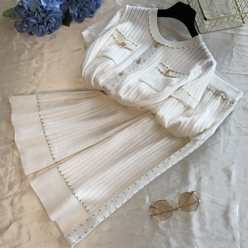 

Women 2019 Sweater Suit Sets Knitted Cardigans Pants Set Tracksuits Collar Sweater Top + Wide leg Pant 2 Piece Suit