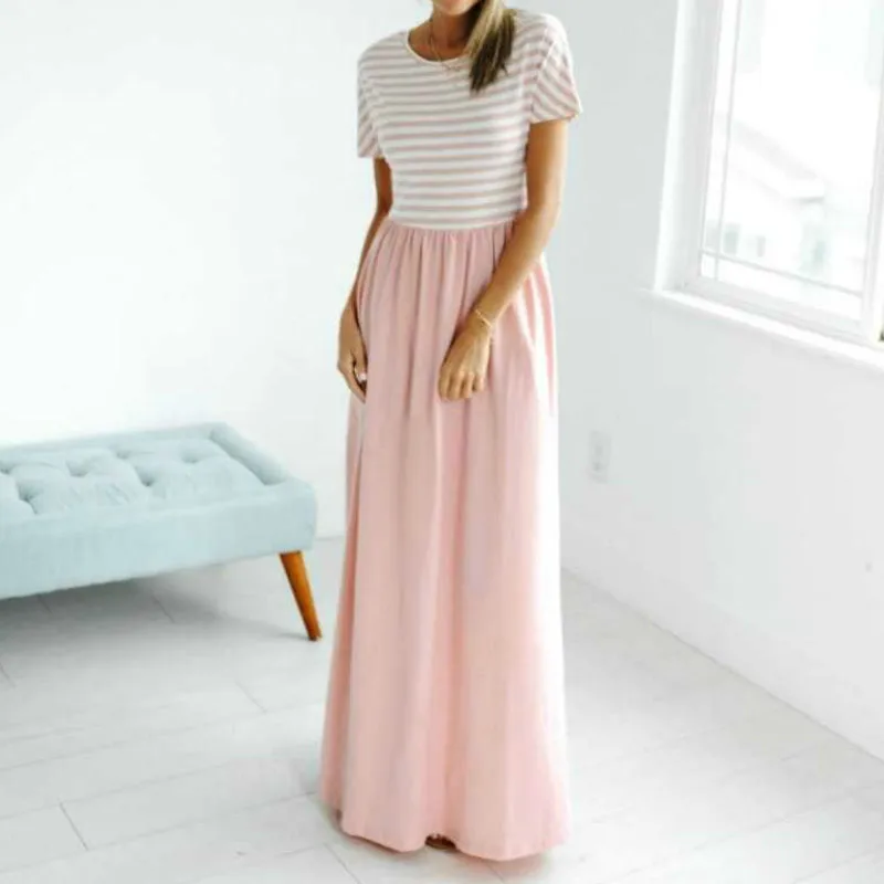 Женское длинное платье в полоску с коротким рукавом и круглым вырезом|summer dress|women