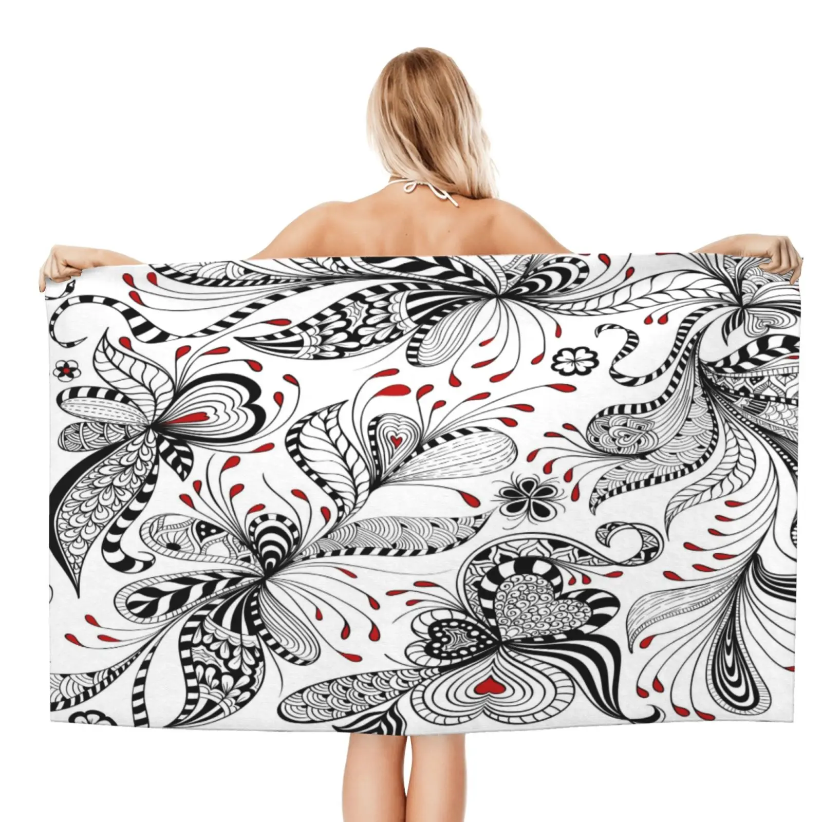 Elegant Black And White Flowers &amp Hearts beach towel XL bath personalized design sand cloud luxury towe | Дом и сад