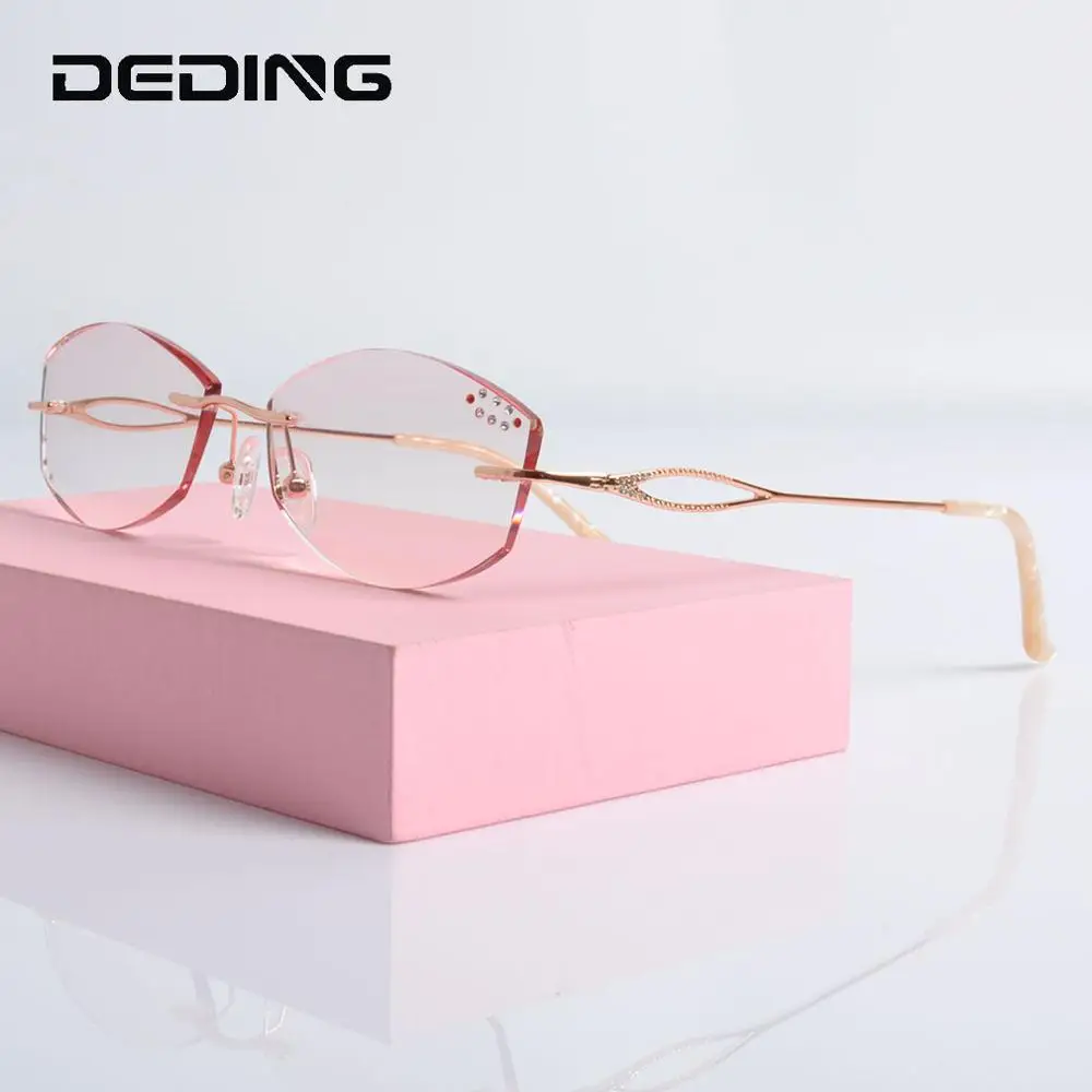 

Titanium Rimless Glasses Women Anti Blue Light Lens Diamond Trim Prescription Optical Eyeglasses Frame Eyewear DD1573