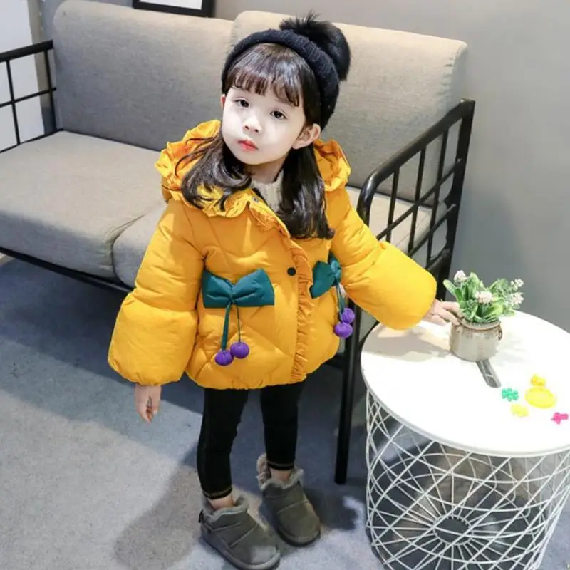 

Warm Leisure Down Coat Baby Kids Cotton Winter Hooded Bow Stitching Long Sleeve Fleece Thicken Children Korean Clothing