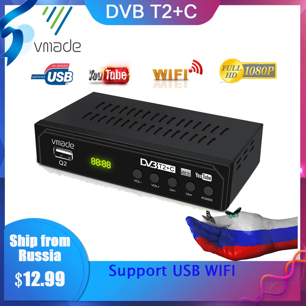 Vmade HD 1080P DVB T2 + C ресивера ТВ коробка декодер для тюнера H.264 Поддержка Youtube USB WI