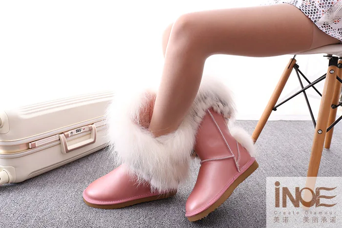 INOE сапоги Женские ботинки Женская модная теплая зимняя обувь коровья кожа толстый мех лисы теплые зимние сапоги до колена повседневные зимние удобные ботинки на плоской подошве нескользящие удобные полусапожки