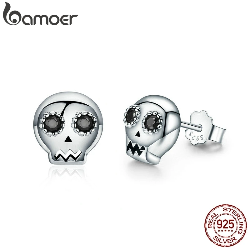 BAMOER, настоящее 925 пробы, серебряные серьги-гвоздики в виде скелета, для женщин, черные, прозрачные, CZ, Стерлинговое серебро, ювелирные изделия, Brincos SCE064