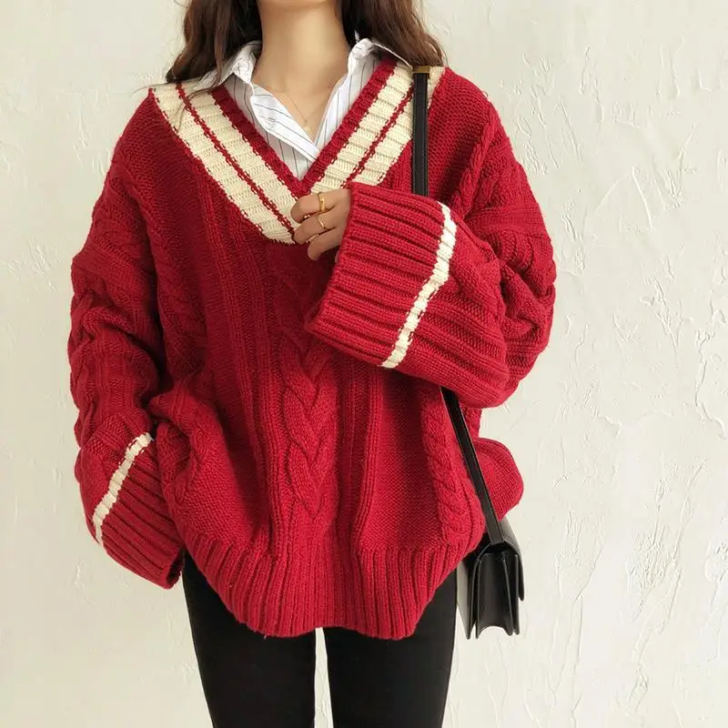 

Color matching thickened V-Neck Sweater for female students