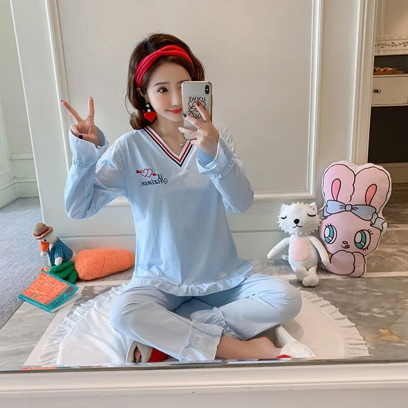 2021 Autumn Spring Air Conditioning Room New Women's Pajamas Set Korean Version Loose Long Sleeve Nightwear Casual Home Wear