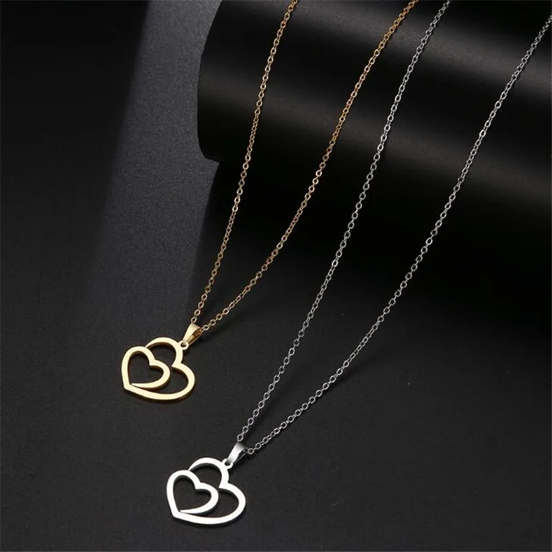 

2021 Fashion Stainless Steel Double Heart-Shaped Pendant Necklace Women's Clavicle Chain Necklace Gift