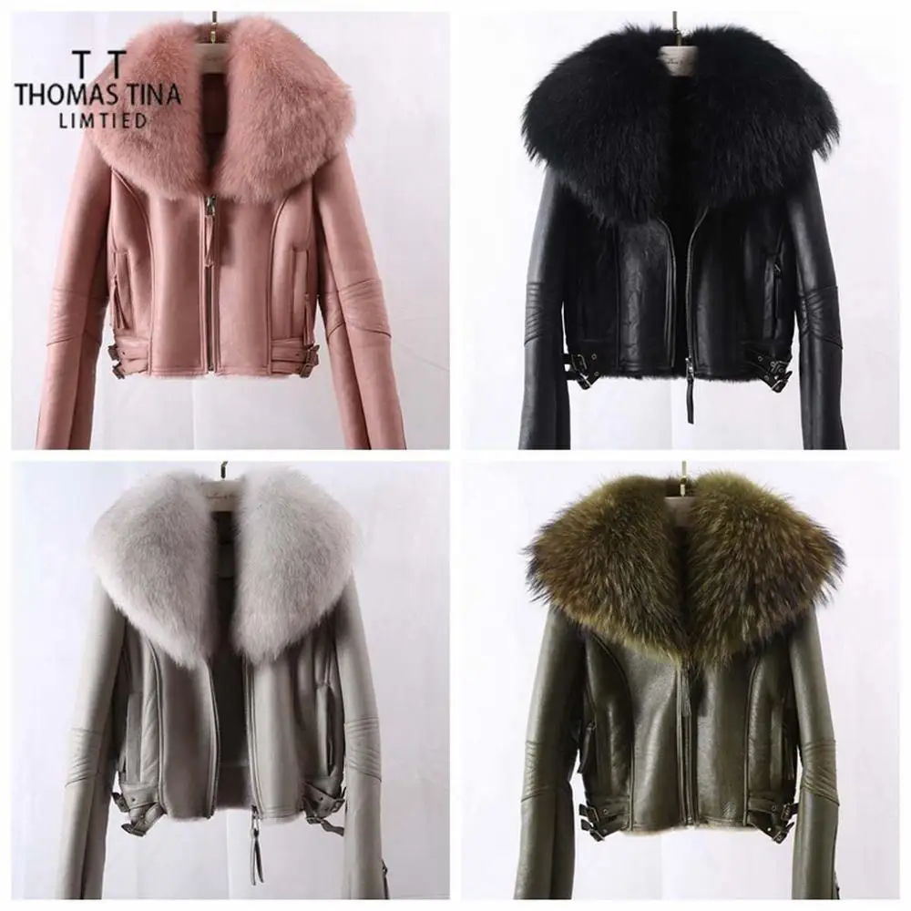 Женское двухстороннее пальто с мехом ягненка Thomas Tina байкерское большим
