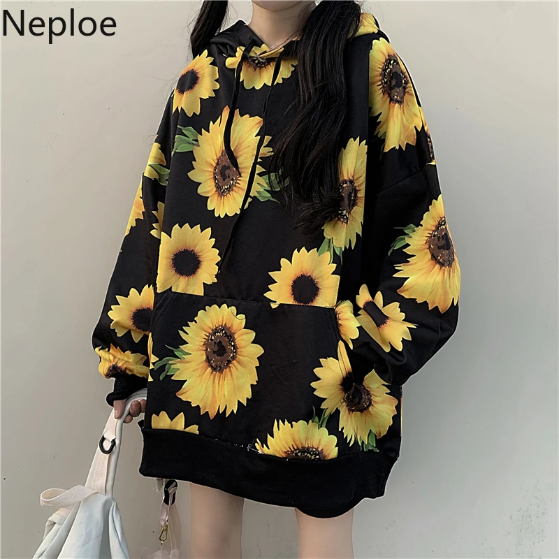 Neploe пуловер с подсолнухами свитер плюс вельветовый женский топ капюшоном