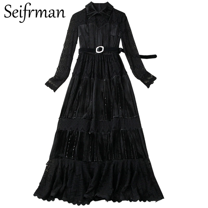

Seifrmann Summer Women Fashion RunwayParty A-line Dress Lace Sashes Sequined Black Printed Slim Ladies Long Dresses Vestidos