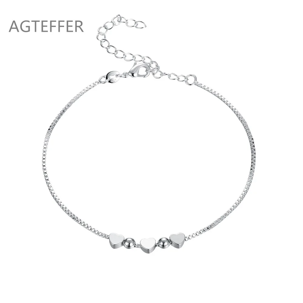 

AGTEFFER 925 Sterling Silver Heart Round Bead Box Chain Bracelet For Women Wedding Engagement Party Fashion Jewelry