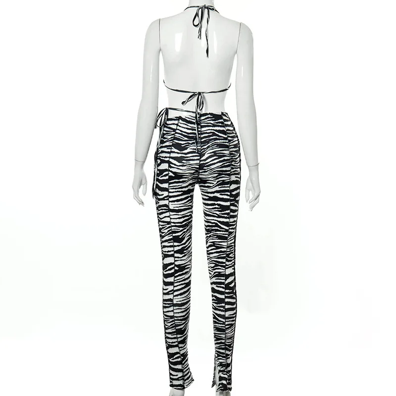 

Hot kf-Sexy Bikini Suit Zebra Pattern Halter Bikini High Waist Lace Up Pencil Pants 2 Piece Suit Summer Beach Leisure Outfits