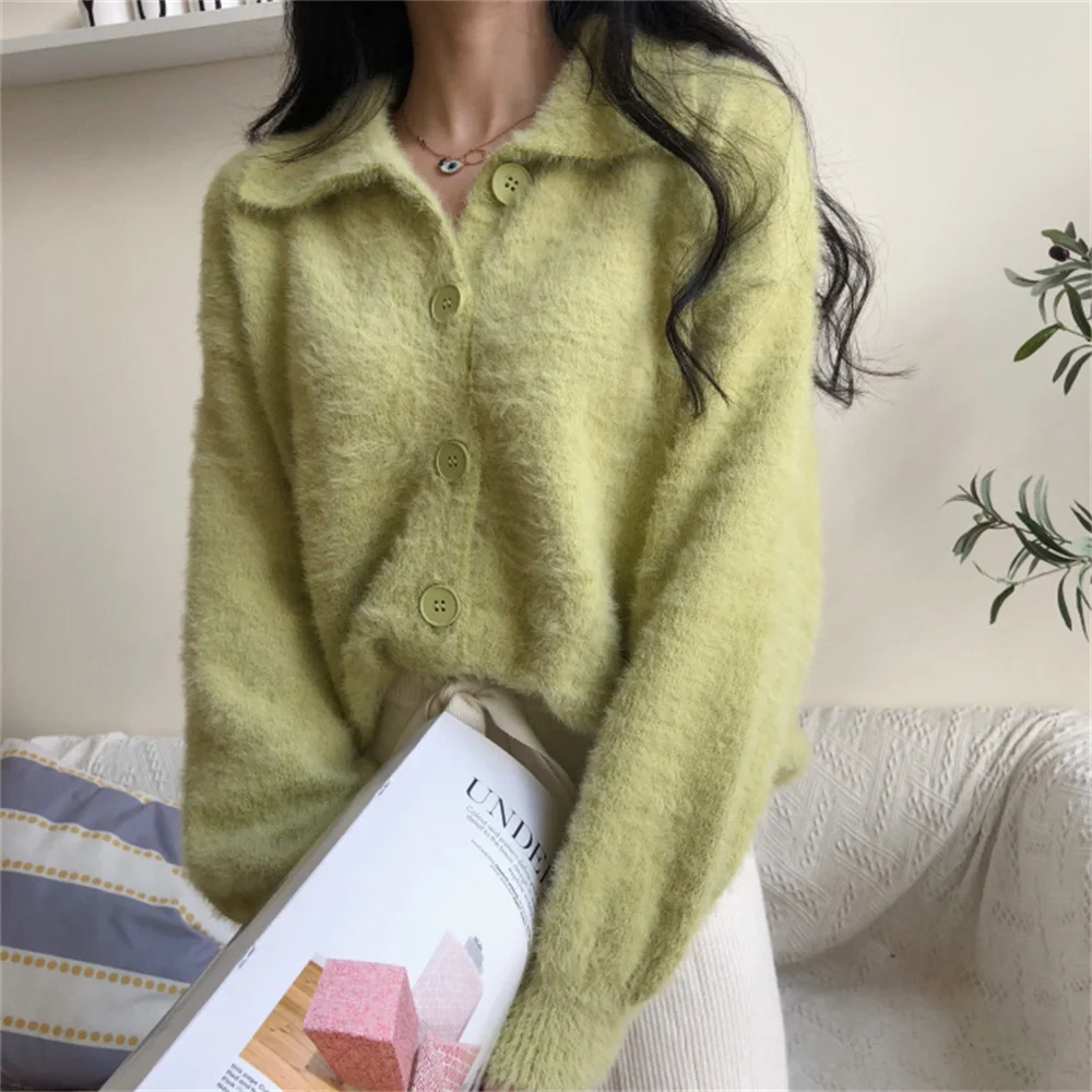 

HziriP New OL Mink Sweater Cardigans Loose Autumn 2021 Elegant Chic Sweet Knitted Solid Warm Women Gentle Lady All Match Tops
