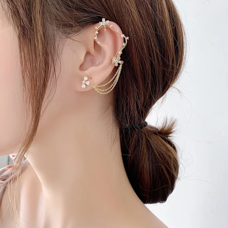 

2022 New Trend Shiny Crystal Flowers Bee Drop Earrings Ear Bone Clip Metal Tassel Elegant Temperament Women Earrings Jewelry