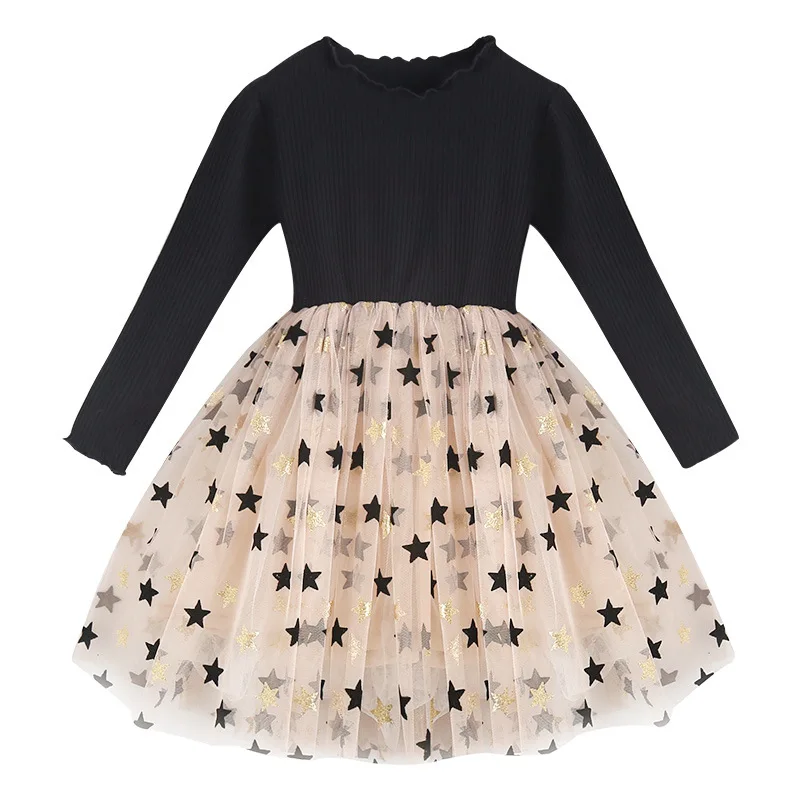 

Spring Autumn New Girls Clothes Kids princess dress beautiful stars Girls dance party dress Long sleeve O-Neck black 3-11years