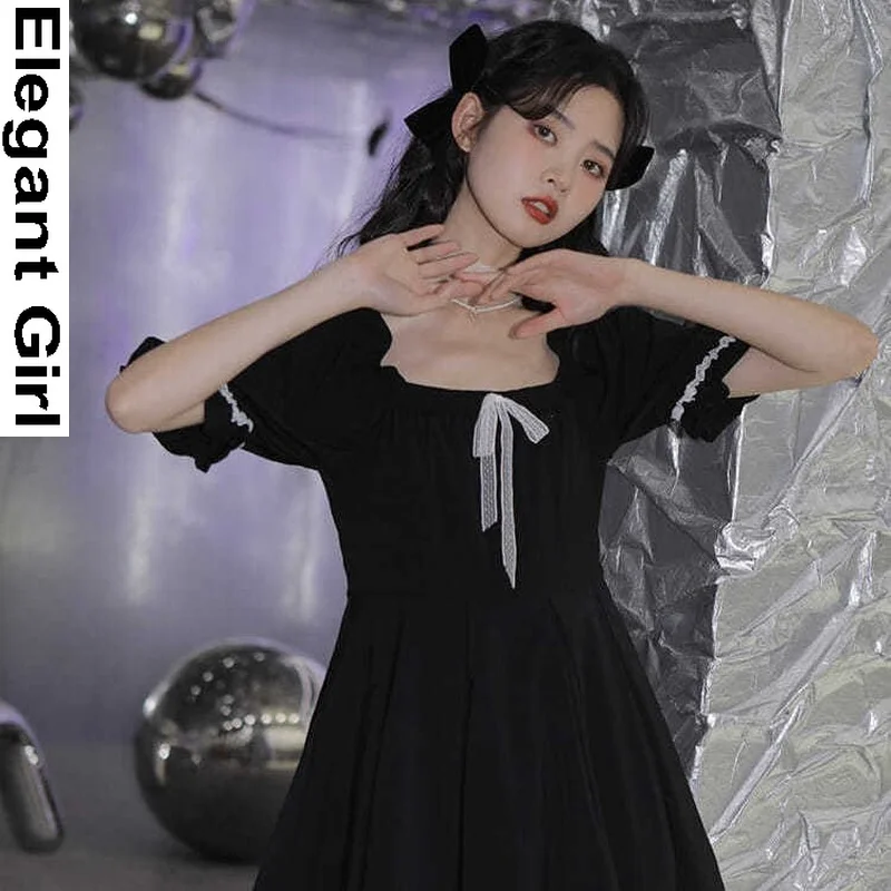 

College Bow Lace Goth Lolita Dress Girl Kawaii Mini Women Summer 2021 Black Short Sleeve Japanese Sweet Cute Casual Dress