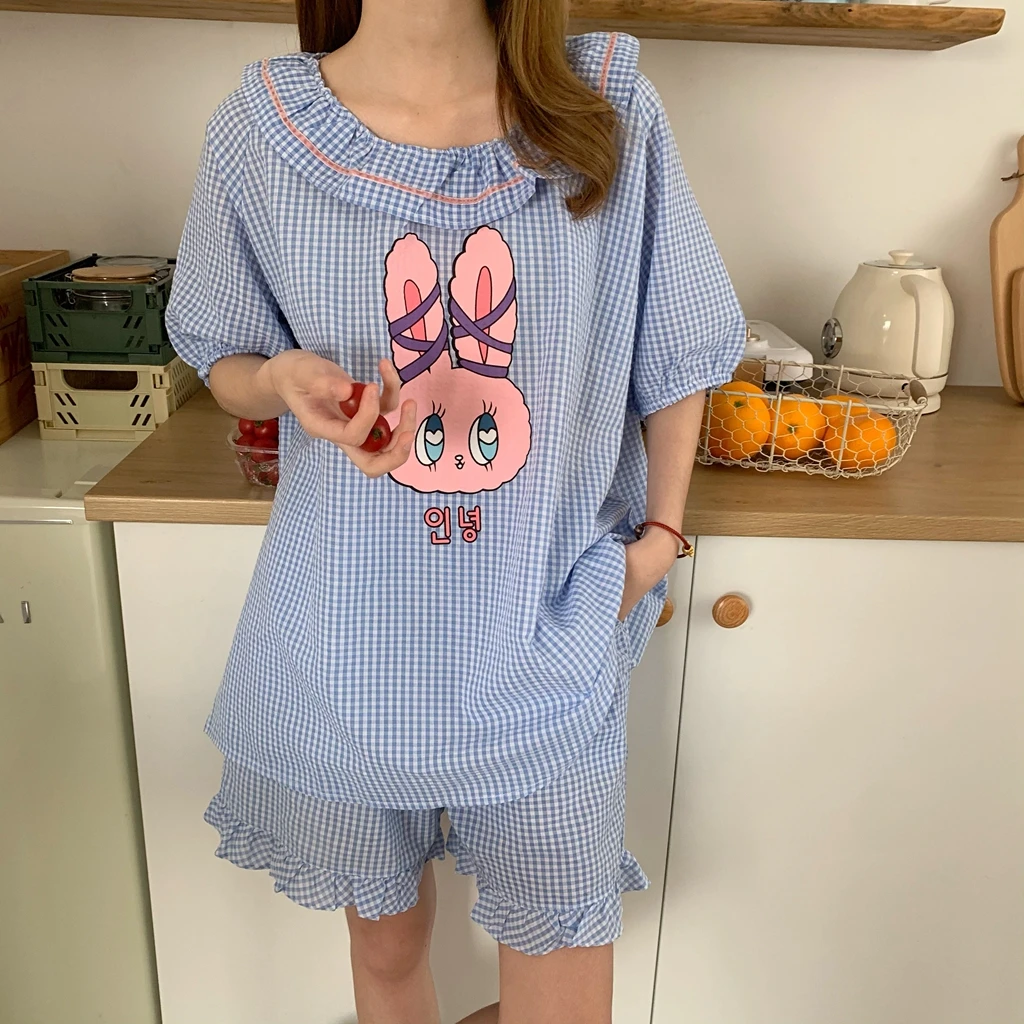 

Rabbit Plaid Summer Pajamas Set Women Kawaii Cartoon Home Suit Cotton O-Neck Ruffles Short Sleeve Shirts + Shorts Set Two Piece