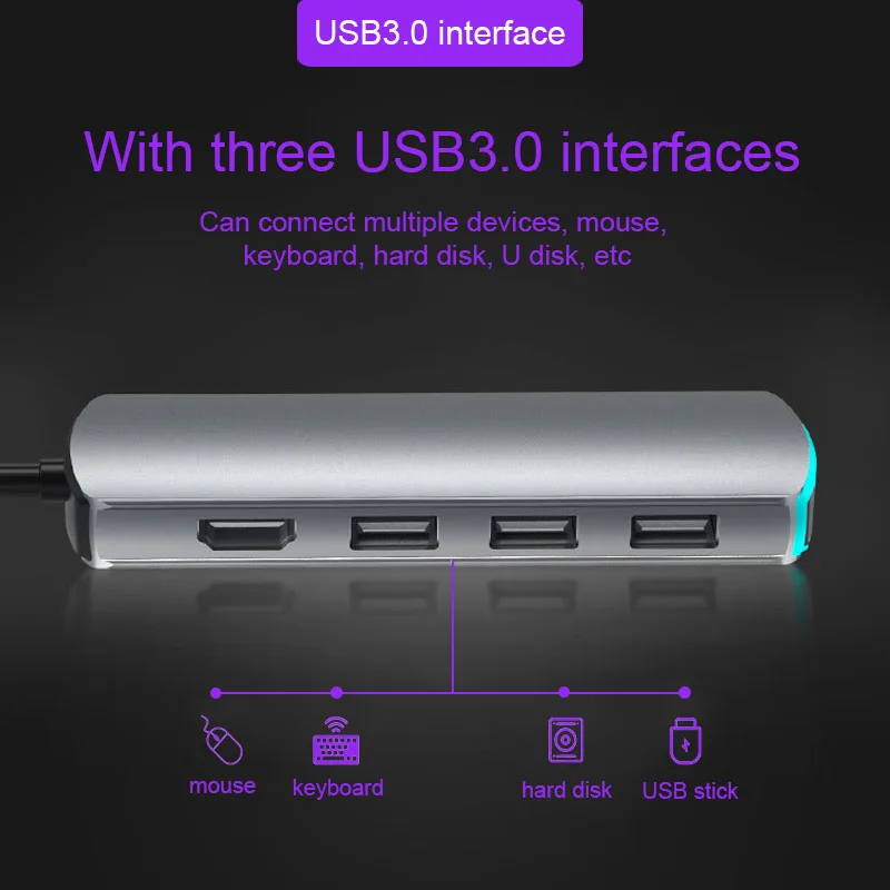 Usb концентратор типа C HDMI совместимый USB 3 0 зарядный адаптер с дышащим светом для