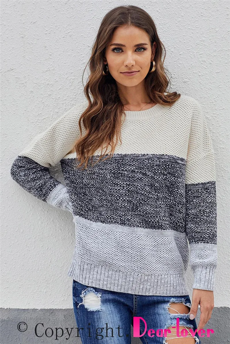 Пуловер женский вязаный с круглым вырезом и длинными рукавами | Женская одежда