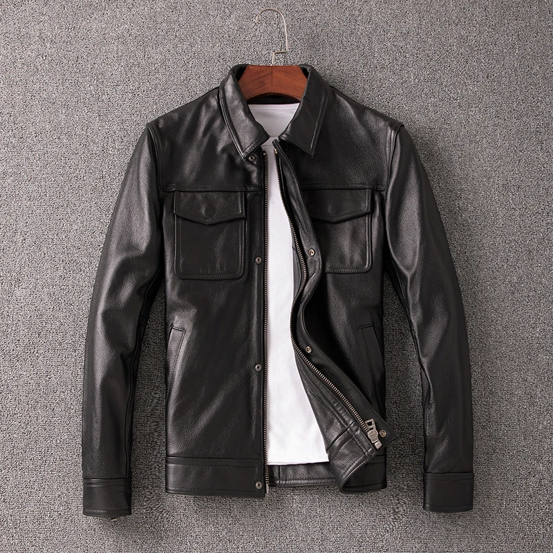 

Short Slim Lapel Motorcycle Cowhide Jacket Men Brand Casual Natural Leather Coat Multi-pockets Biker Jackets Oversize 4XL