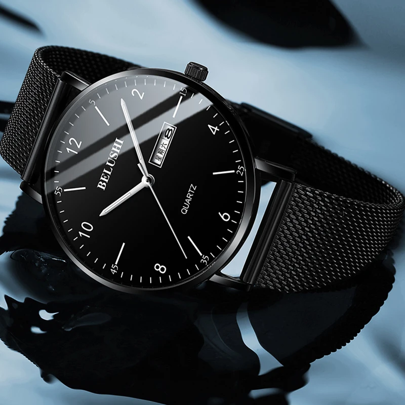 

New BELUSHI Business Men Watch Luxury Simple Ultra-thin Mesh Belt Waterproof Watch For Men Calendar Week Clock Relogio Masculino